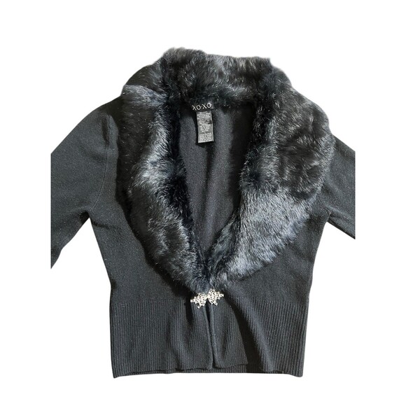 Vintage 90s Y2K Black Rabbit Fur Collar Ribbed Knit Cardigan Sweater Zip-Up Sz L - Picture 2 of 10